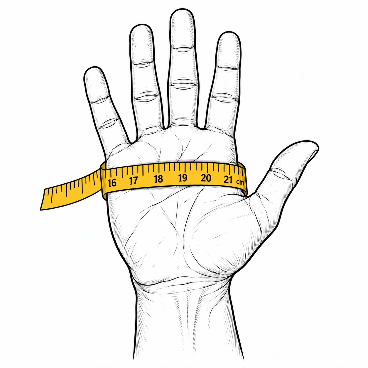 Open palm with a yellow measuring tape around the hand below the knuckles, excluding the thumb