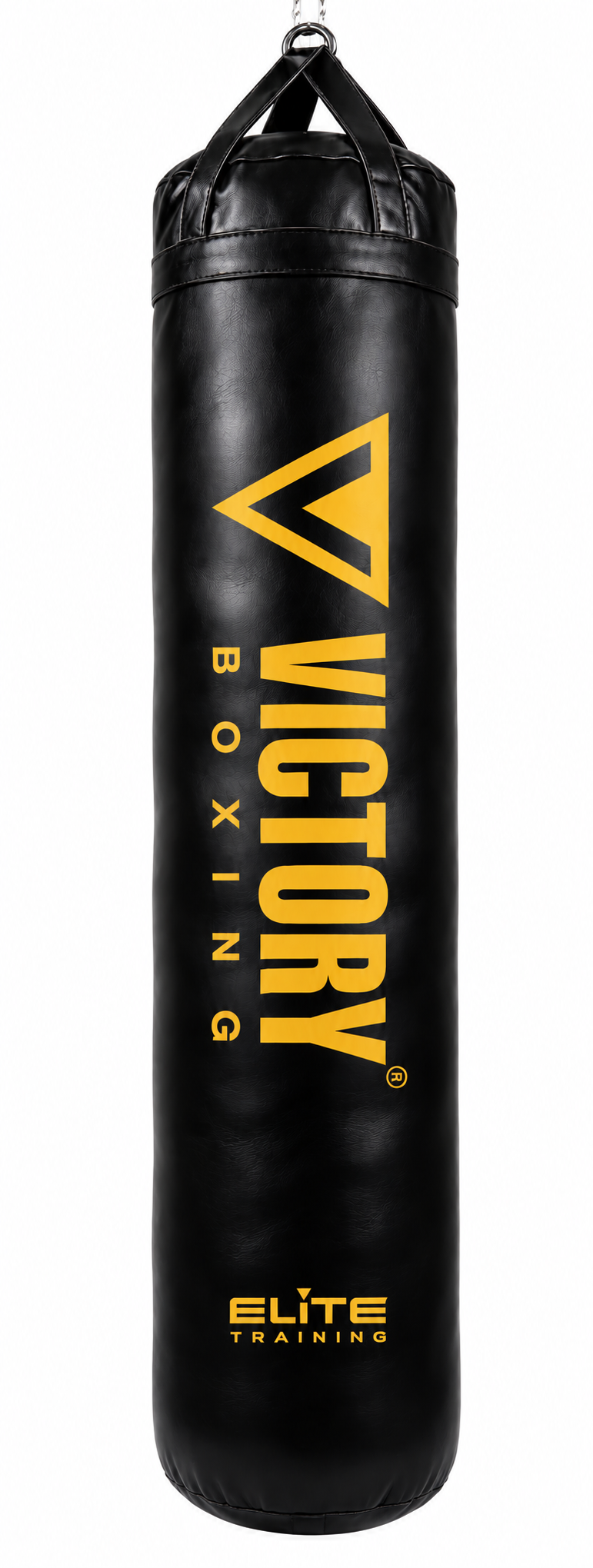Black Victory Boxing Elite Training punching bag with yellow Victory Boxing logo
